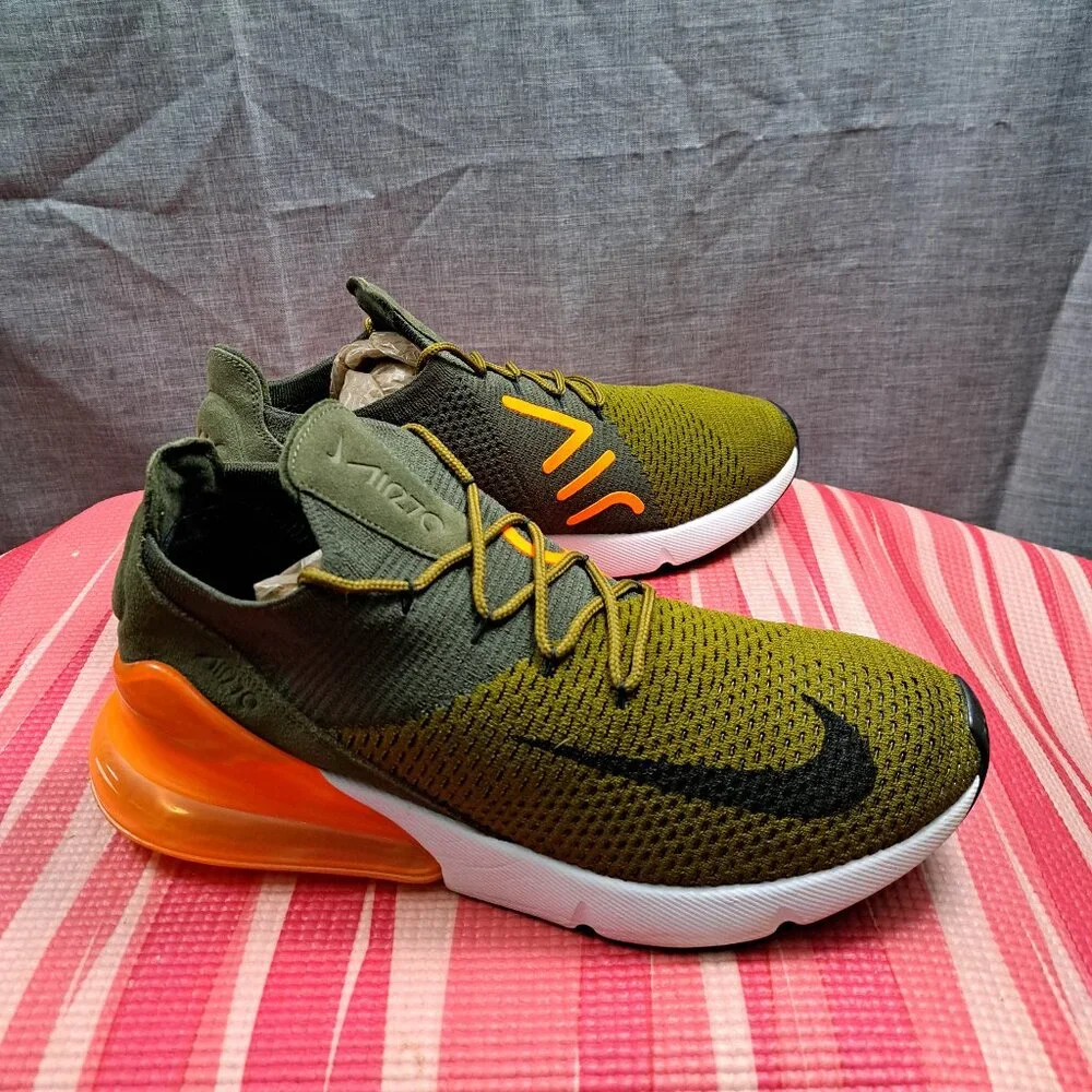 ! Nike Air Max 270 Flyknit Men 10.5 Olive Green Orange Men's Athletic Sneakers - Picture 3 of 14
